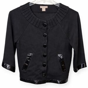 Kenar Black Cropped Button Up Jacket With Patent Leather Accents Sz 8